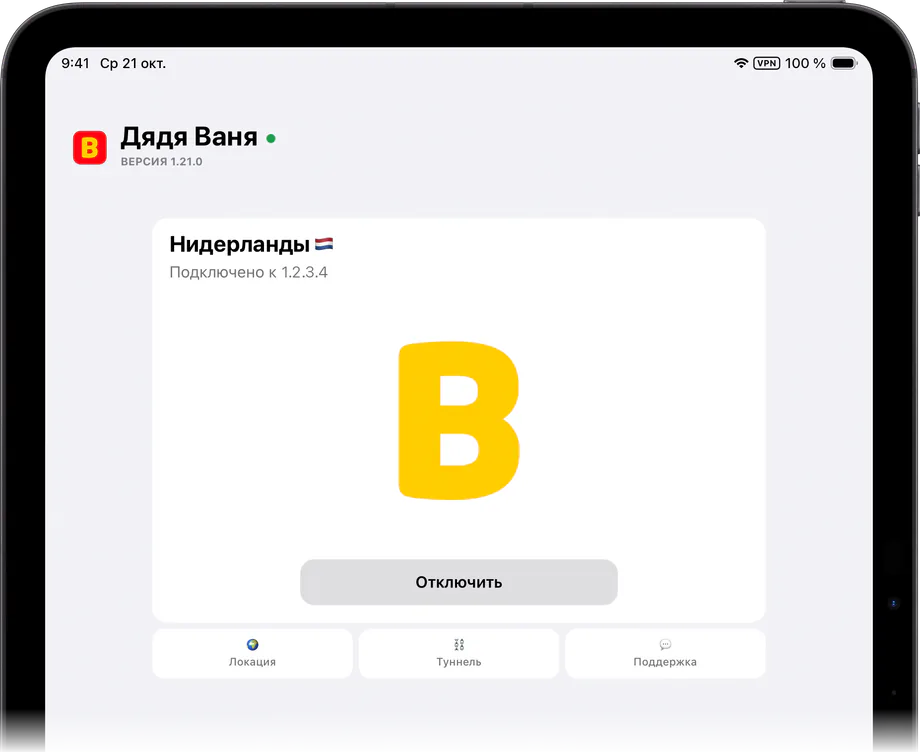 Приложение Дяди Вани на iPad: VPN подключён, локация Нидерланды